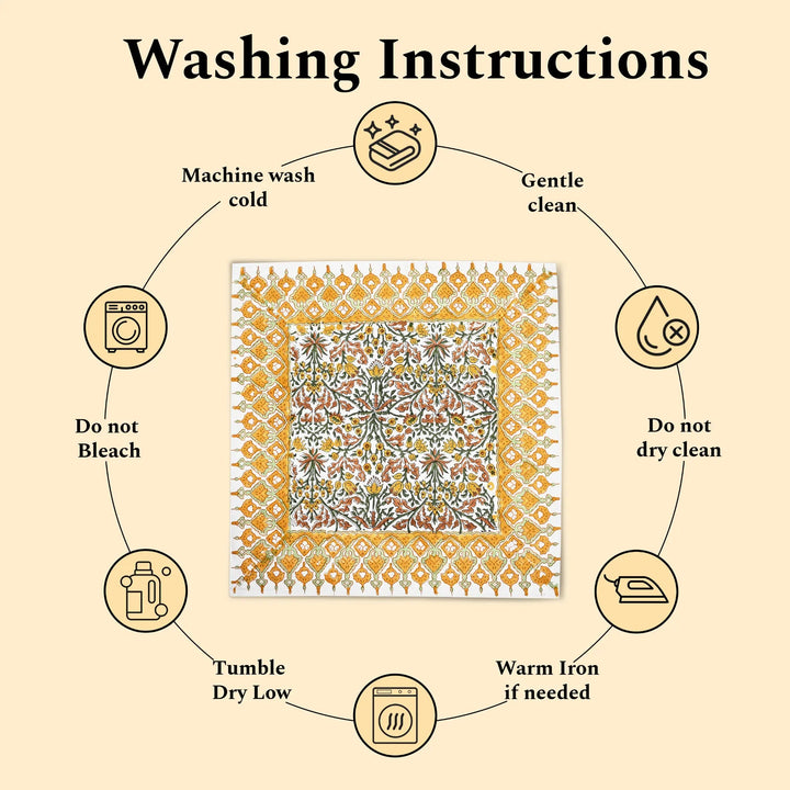 Washing instructions for a fabric product with icons and text on a beige background