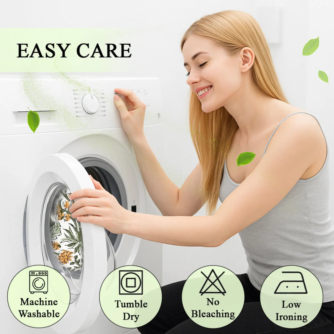 Woman interacting with a washing machine with icons and text about care instructions.
