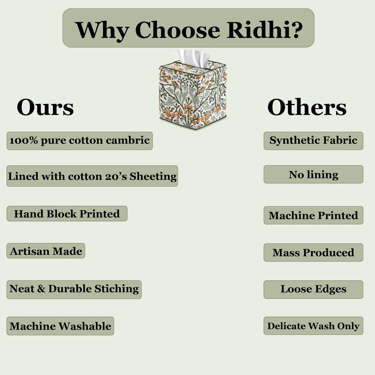Comparison chart highlighting features of 'Ours' and 'Others' products, with a floral tissue box image.