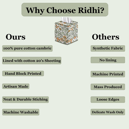 Comparison chart highlighting features of 'Ours' and 'Others' products, with a floral tissue box image.