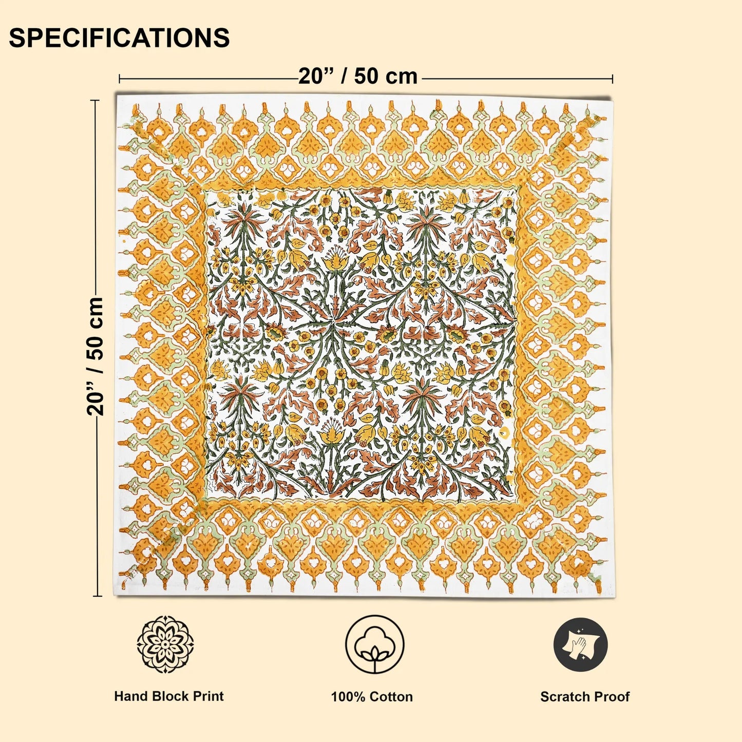 Decorative fabric with floral pattern and border, showing dimensions and material details on a beige background.