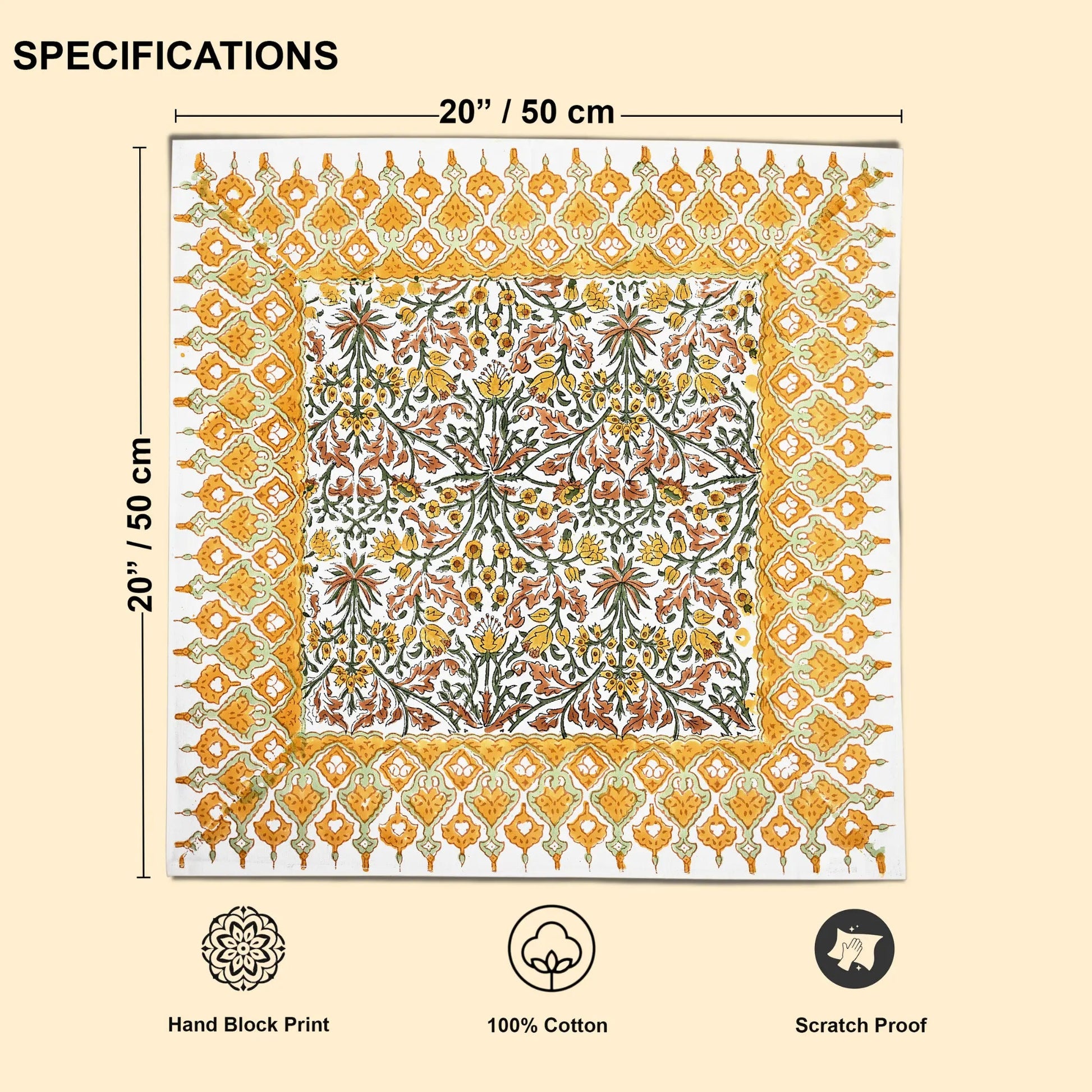 Decorative fabric with floral pattern and border, showing dimensions and material details on a beige background.