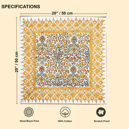 Decorative fabric with floral pattern and border, showing dimensions and material details on a beige background.