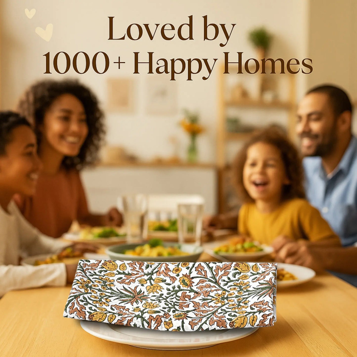 Family enjoying a meal together with a decorative napkin in the foreground.