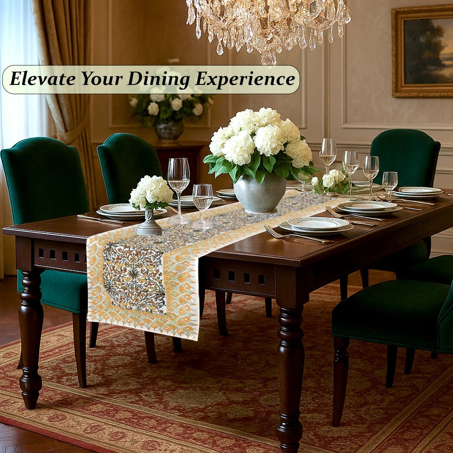 Dining room with a table set for dinner, flowers, and a chandelier.