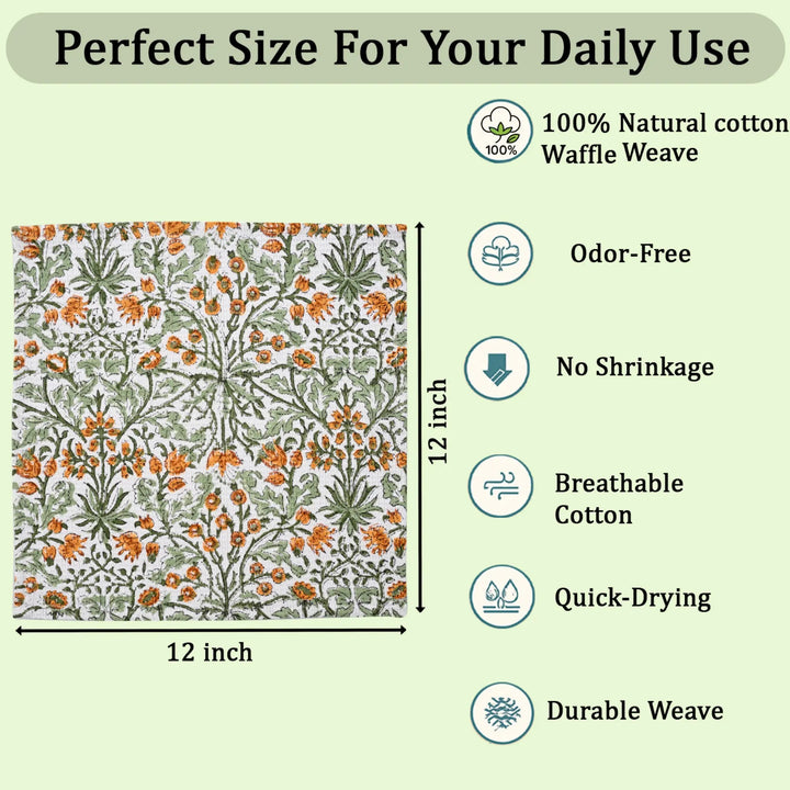 Floral patterned fabric with product features on a green background