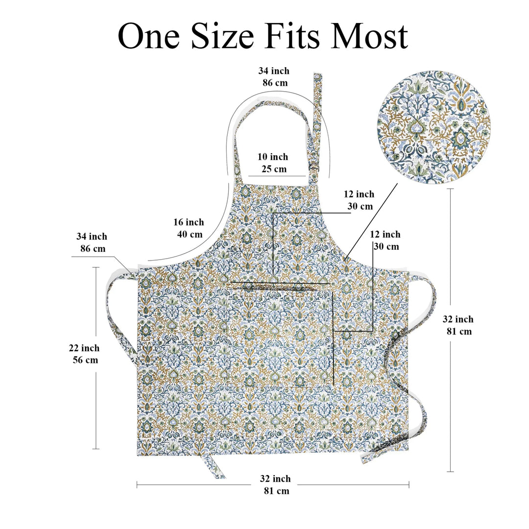 Floral apron with measurements on a white background