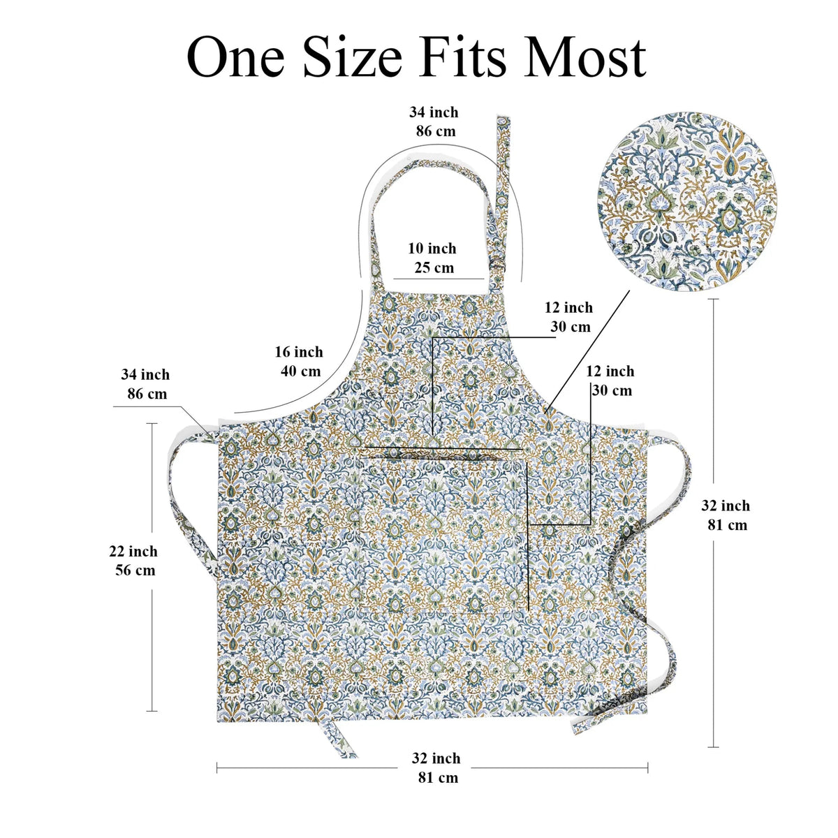 Floral apron with measurements on a white background