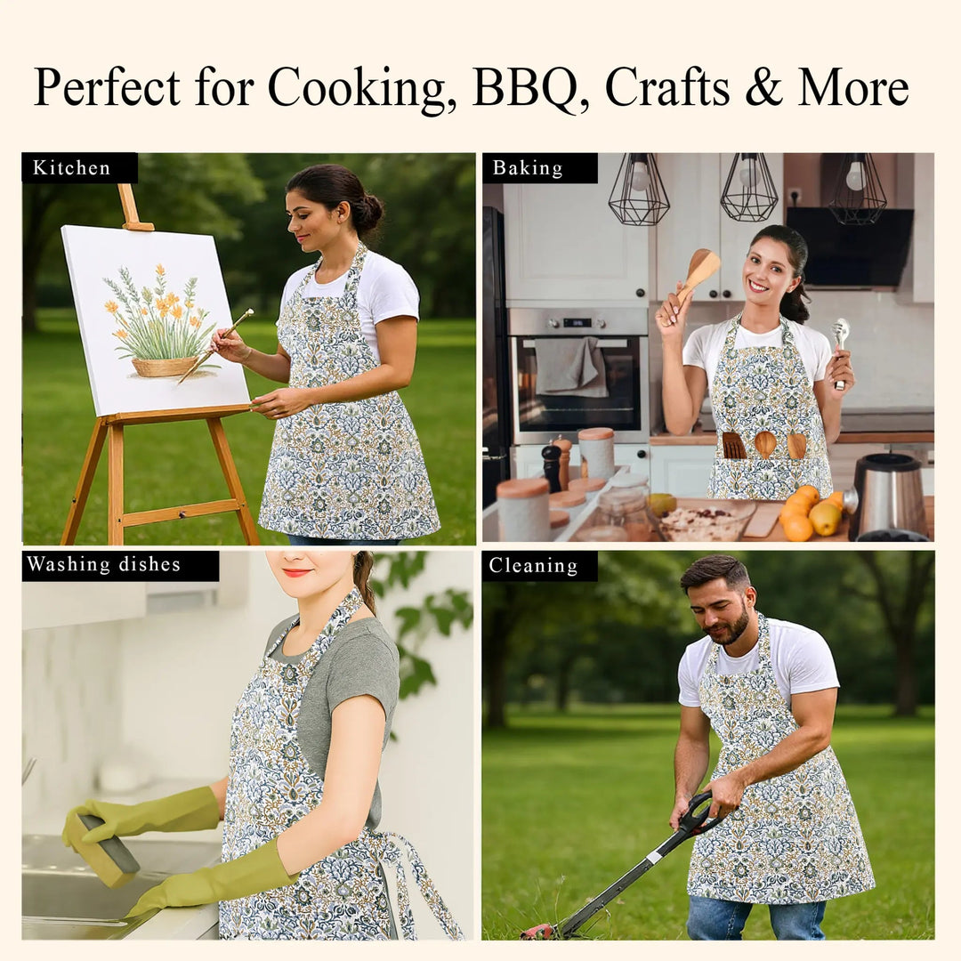 Collage of people wearing aprons in various activities with text &