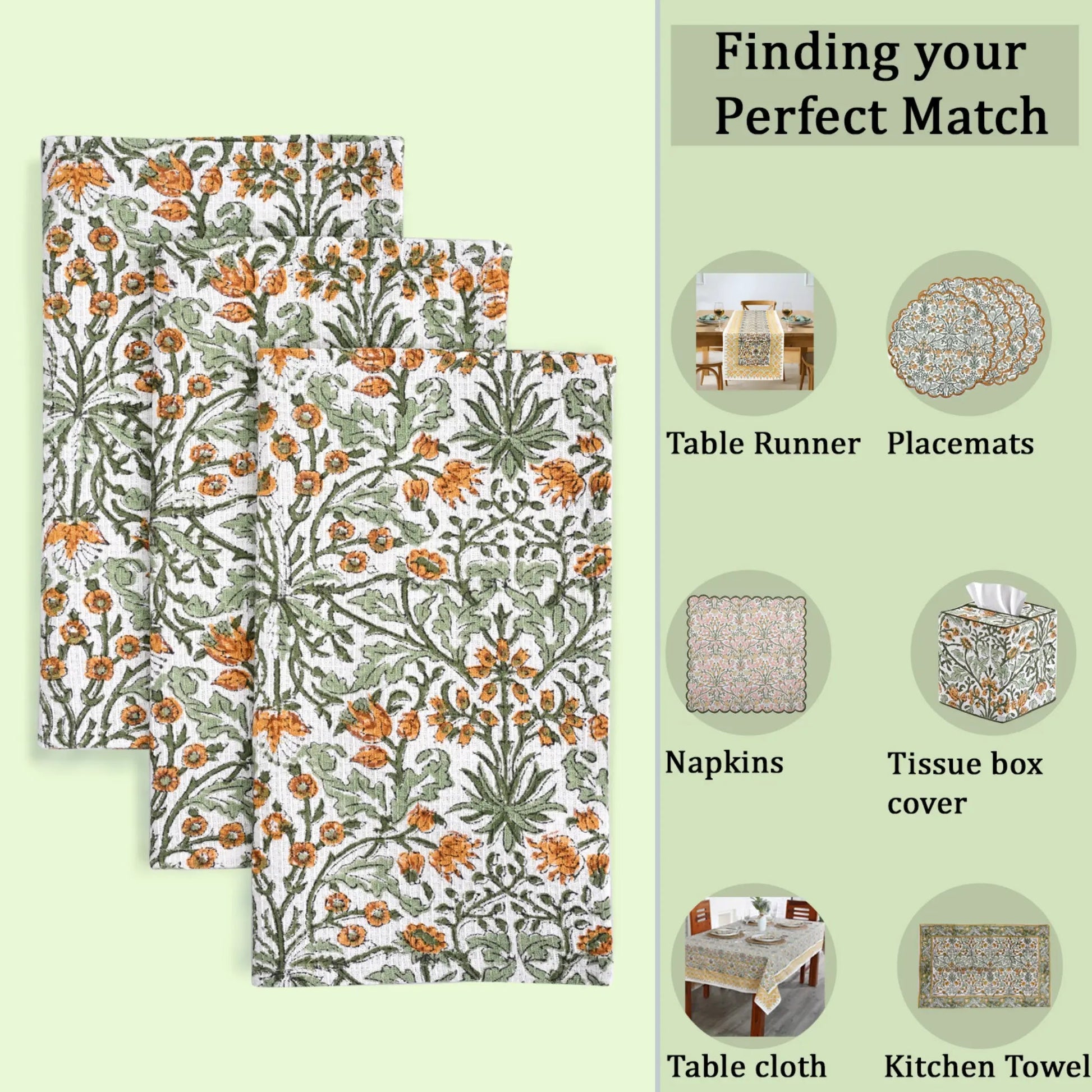Set of floral table runner, placemats, napkins, tissue box cover, tablecloth, and kitchen towels on a green background with product images.