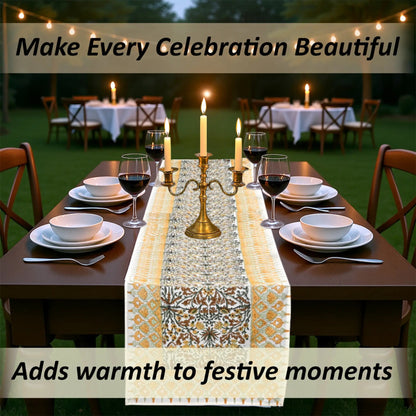Dining table set for a celebration with candles and a decorative table runner, text overlay about making celebrations beautiful.