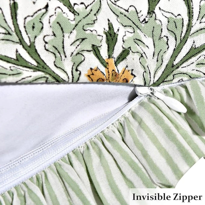 Close-up of a fabric with green floral pattern and white zipper, labeled &