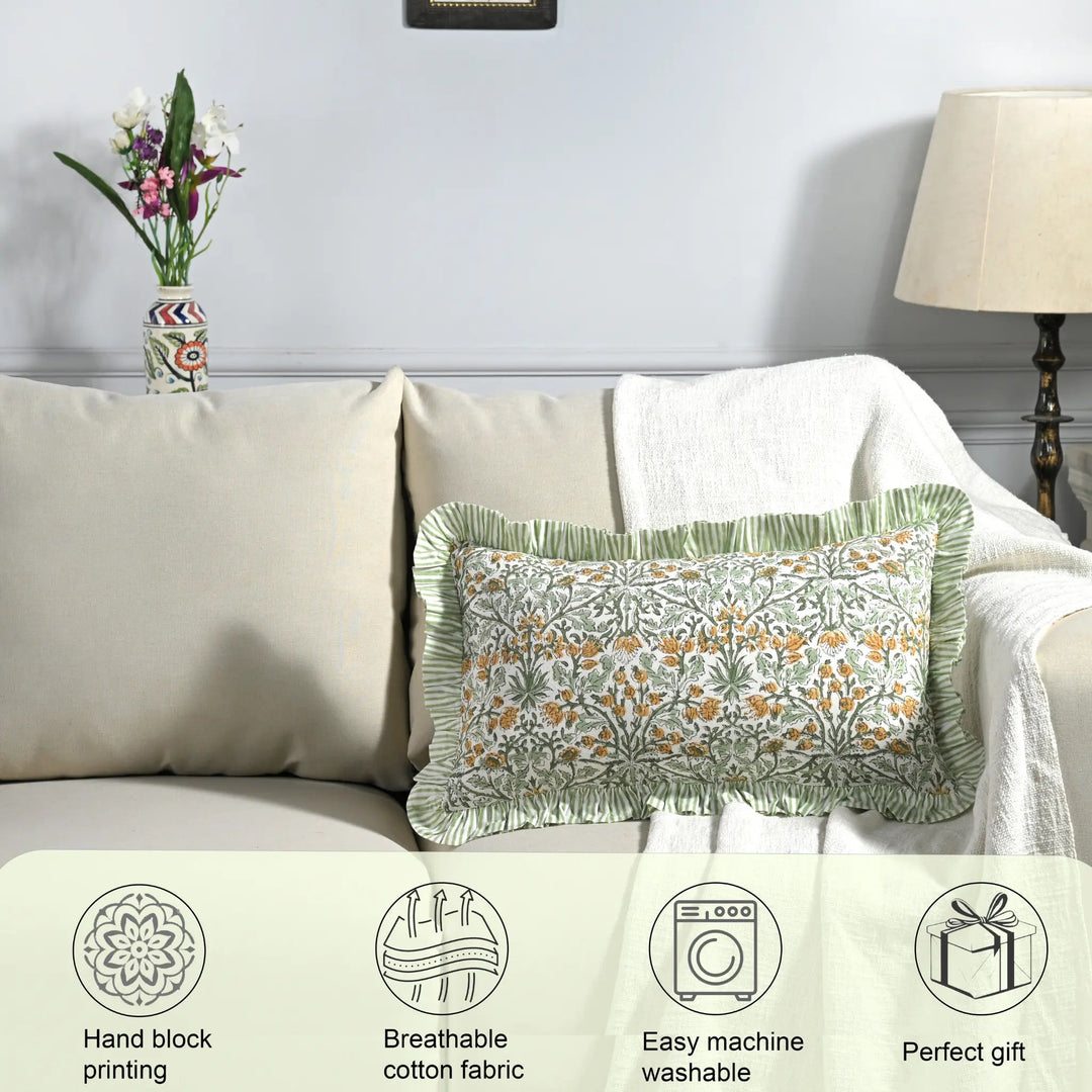 Decorative pillow on a sofa with product features displayed below.