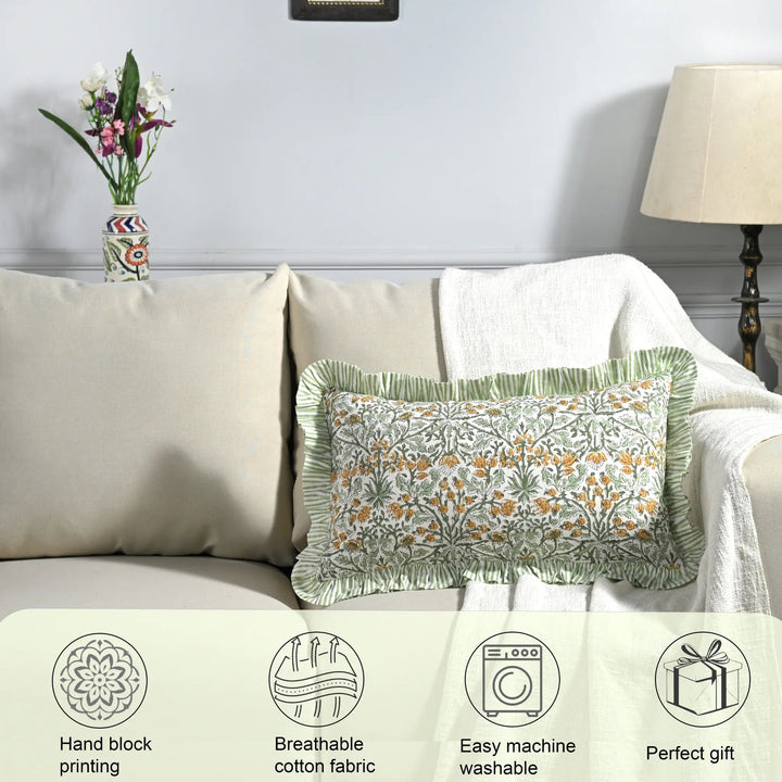 Decorative pillow on a sofa with product features displayed below.