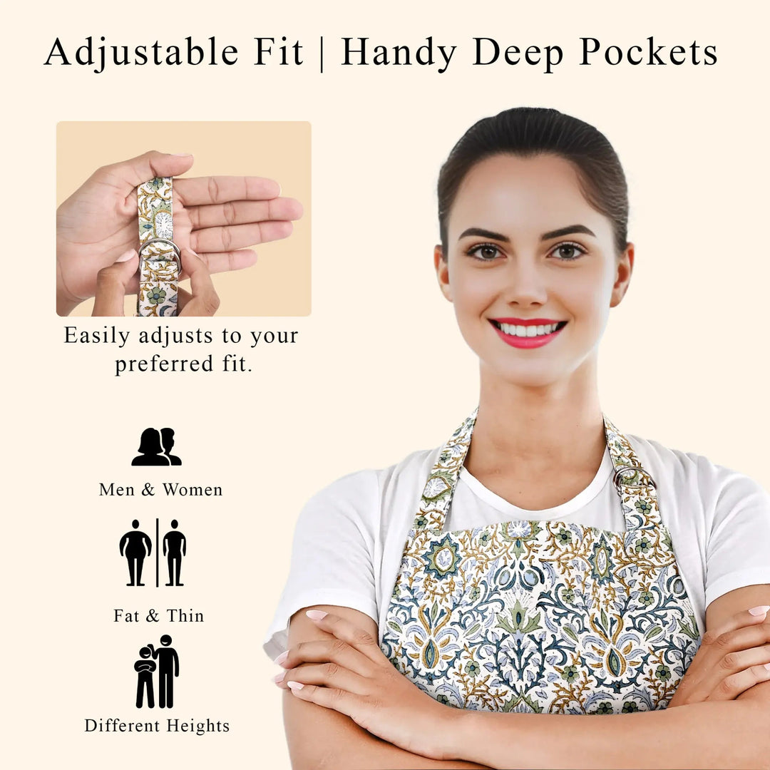 Woman wearing a patterned apron with text highlighting adjustable fit and deep pockets.