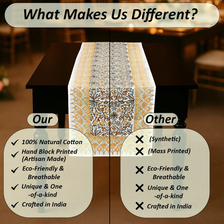 Table runner with decorative patterns and text comparing &