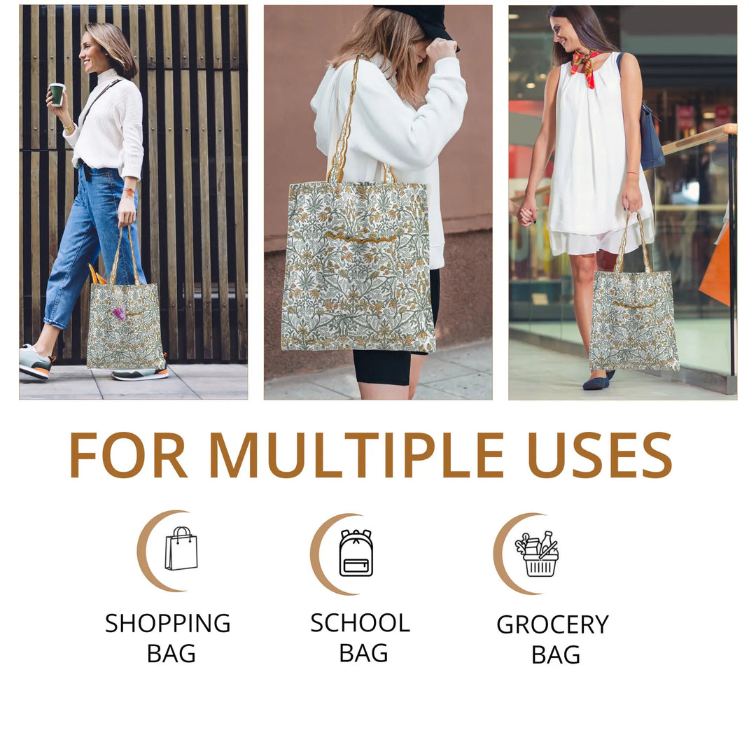 Woman using a floral tote bag in various settings with text &