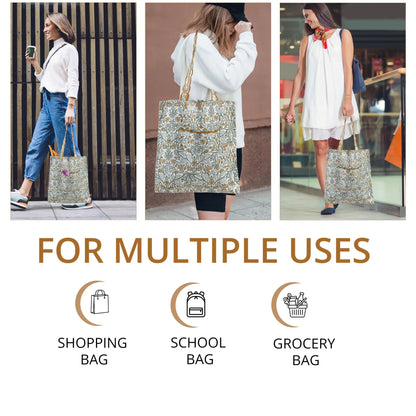 Woman using a floral tote bag in various settings with text 'FOR MULTIPLE USES' and icons for shopping, school, and grocery bags.
