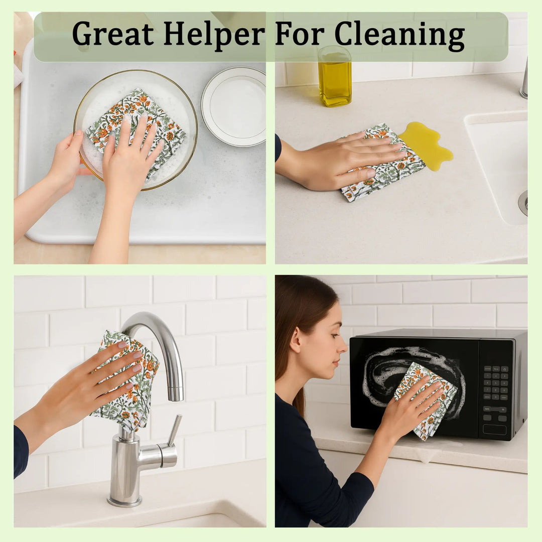 Cleaning product being used on various surfaces with text &