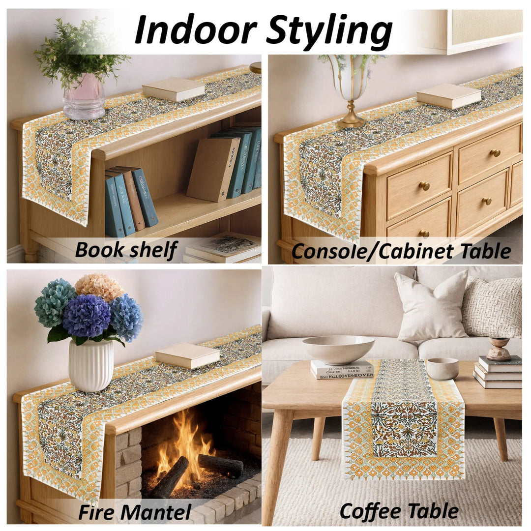 Decorative table runner shown on various furniture pieces with text &