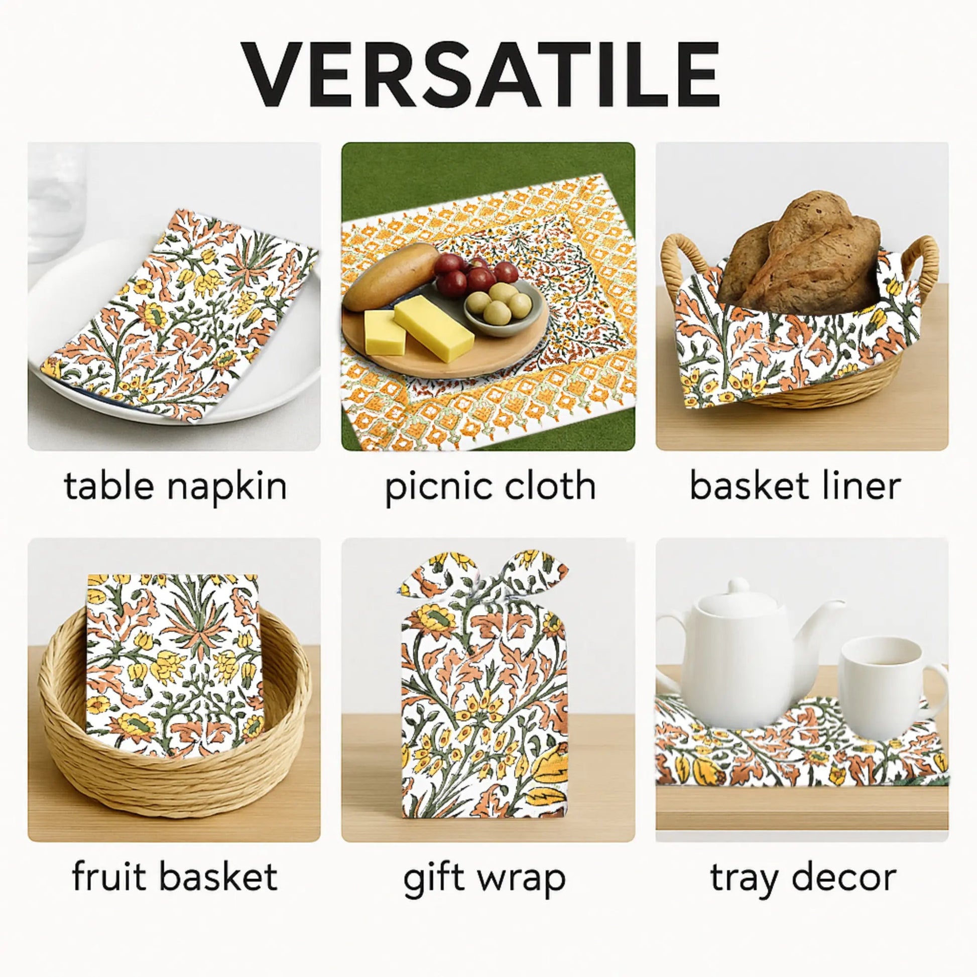Versatile use of floral patterned table napkin, picnic cloth, basket liner, fruit basket, gift wrap, and tray decor.