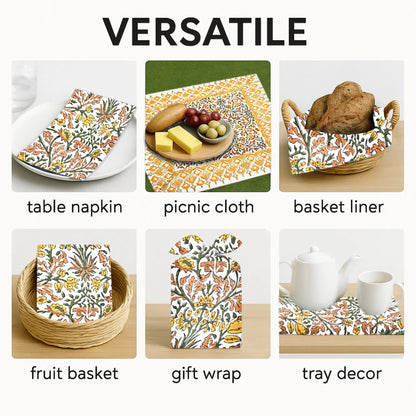 Versatile use of floral patterned table napkin, picnic cloth, basket liner, fruit basket, gift wrap, and tray decor.