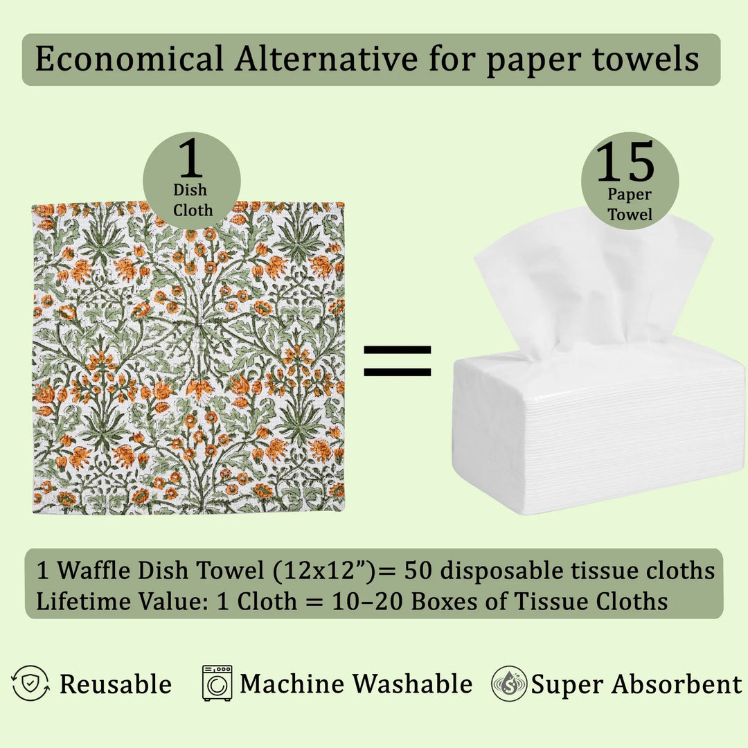 Waffle dish towel with floral pattern and text about it being an economical alternative for paper towels.