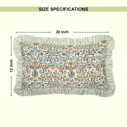 Decorative pillow with floral pattern and fringe, shown with size specifications on a white background.