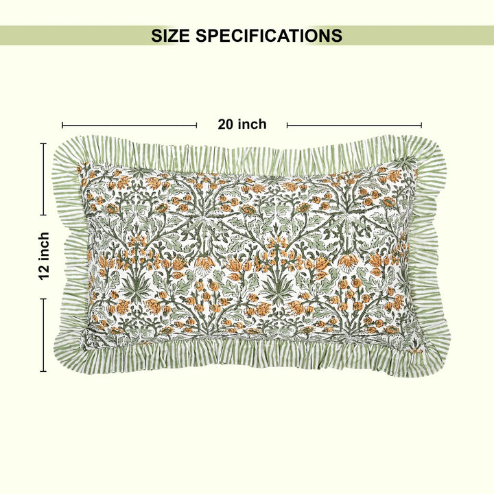 Decorative pillow with floral pattern and fringe, shown with size specifications on a white background.