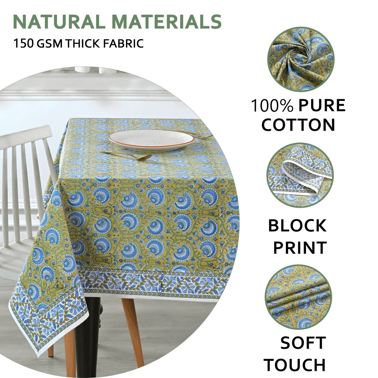 Tablecloth with block print design on a table, featuring natural materials and pure cotton details.