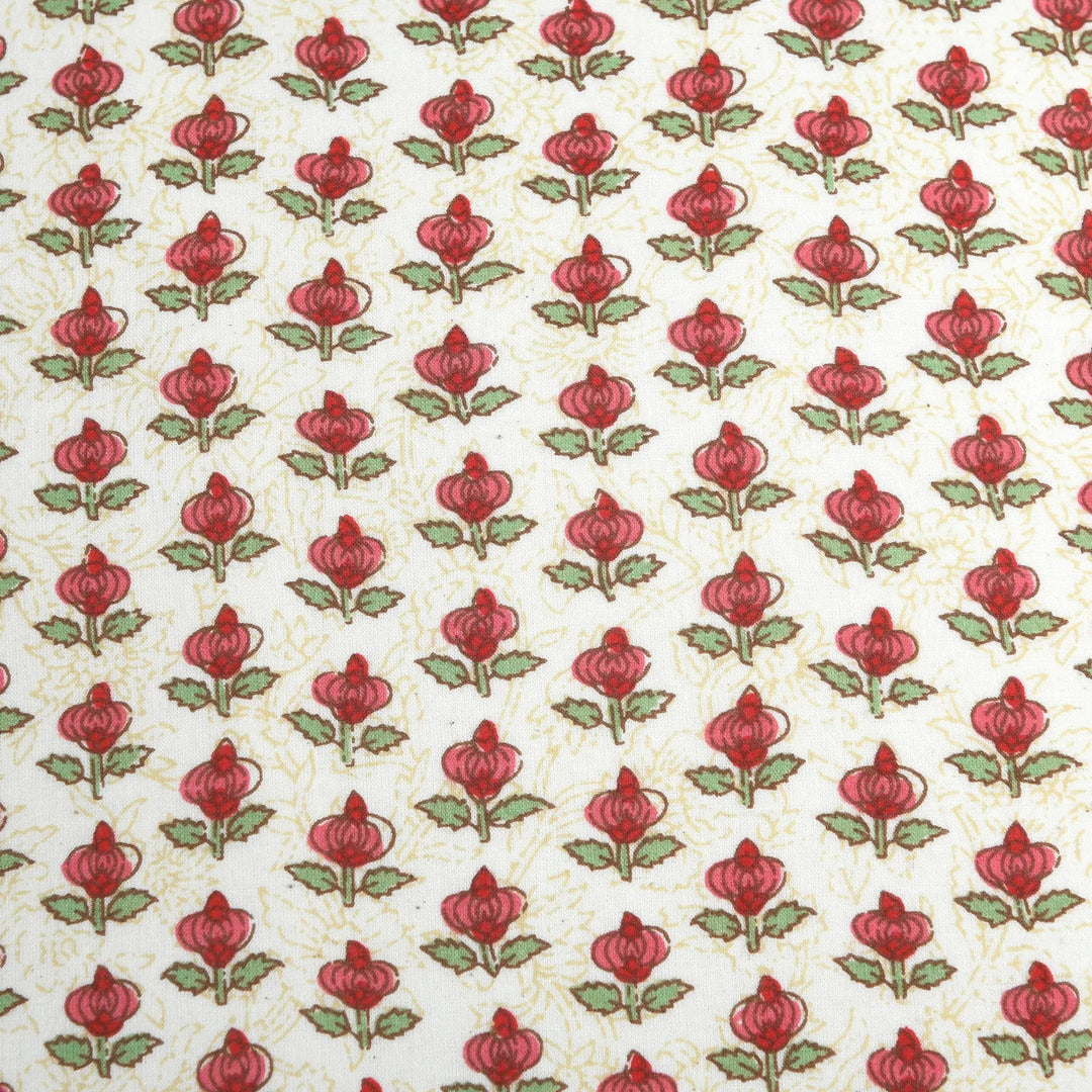 Pattern of red flowers with green leaves on a beige background