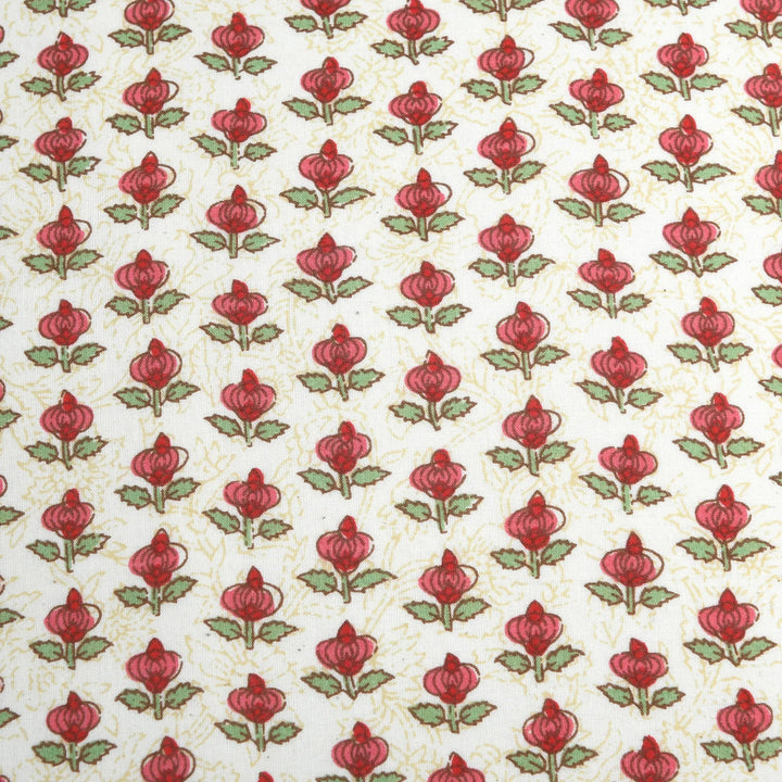 Pattern of red flowers with green leaves on a beige background