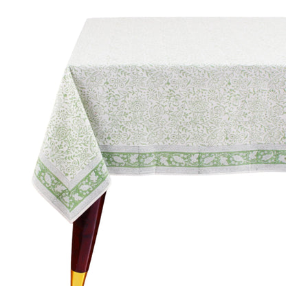 Tablecloth with green floral pattern on a white background