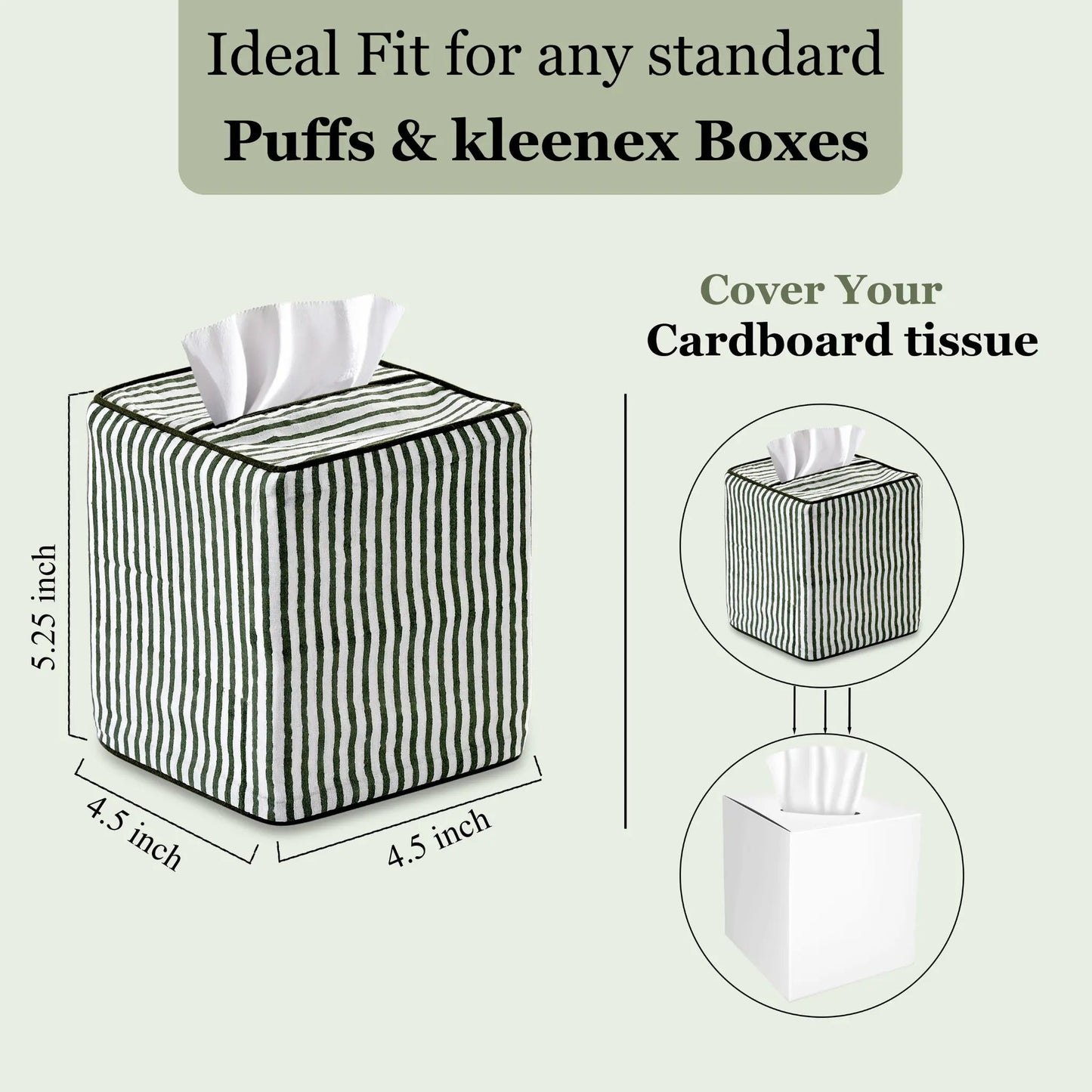 Tissue box cover with dimensions and usage instructions on a light green background