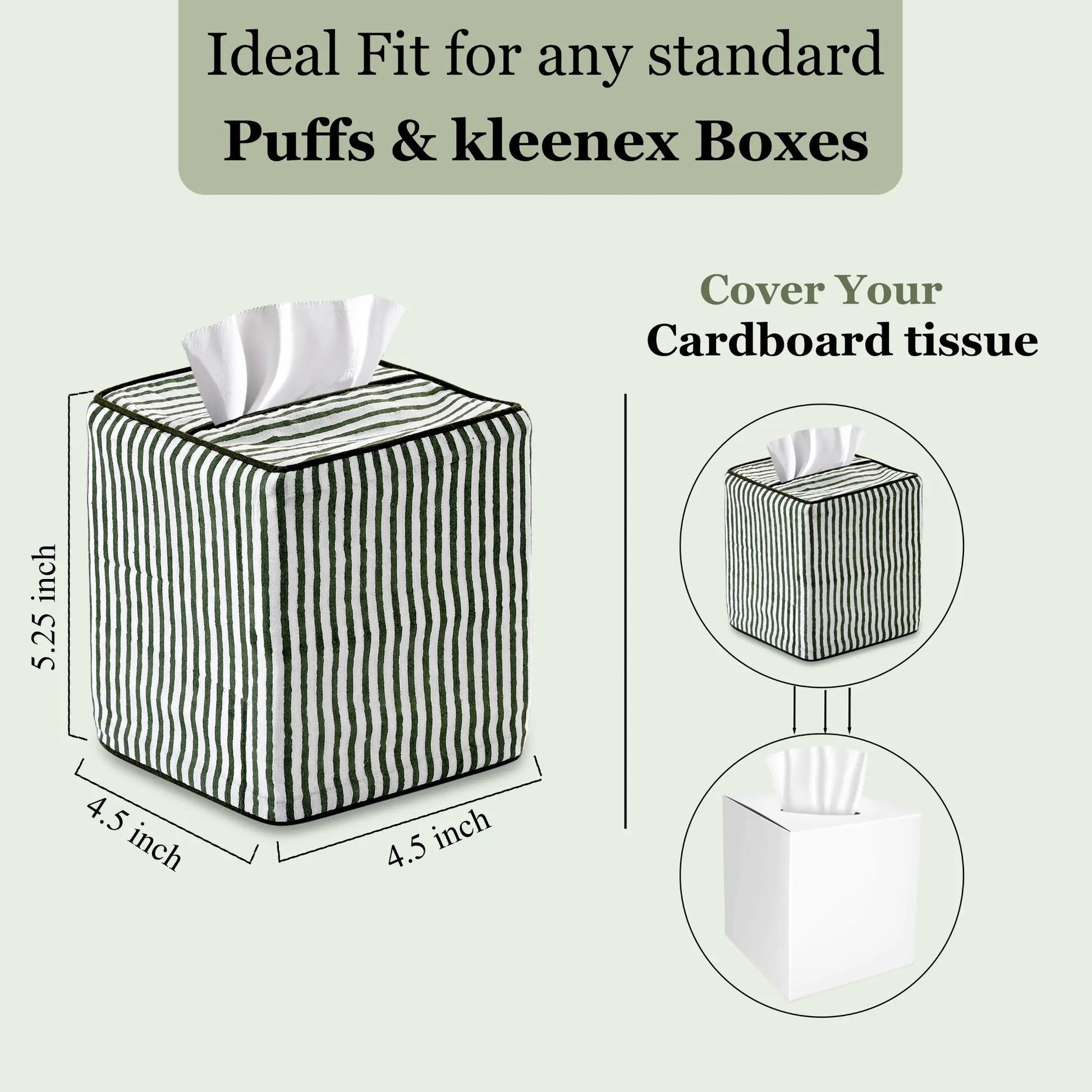 Tissue box cover with dimensions and usage instructions on a light green background