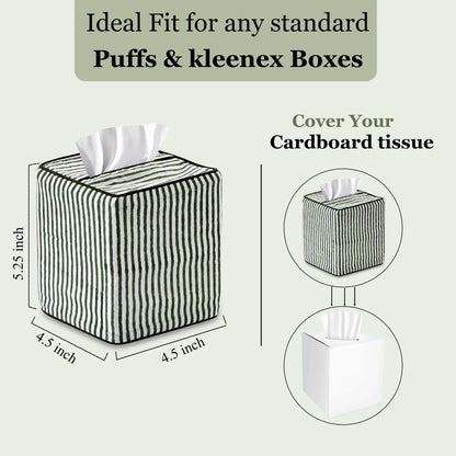 Tissue box cover with dimensions and usage instructions on a light green background