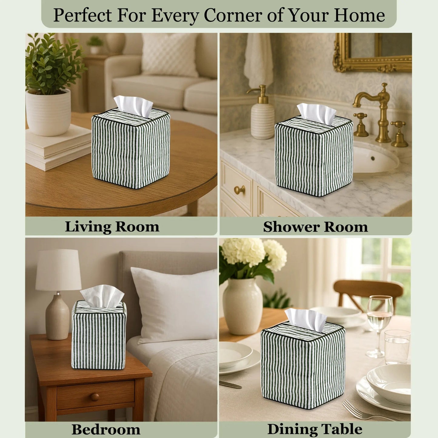 Black and white striped tissue box used in various home settings including living room, shower room, bedroom, and dining table.