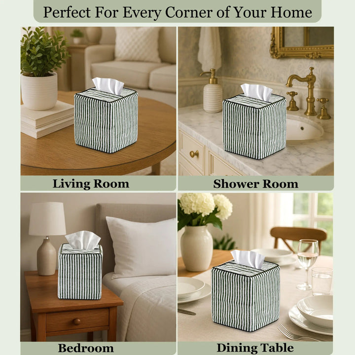 Black and white striped tissue box used in various home settings including living room, shower room, bedroom, and dining table.