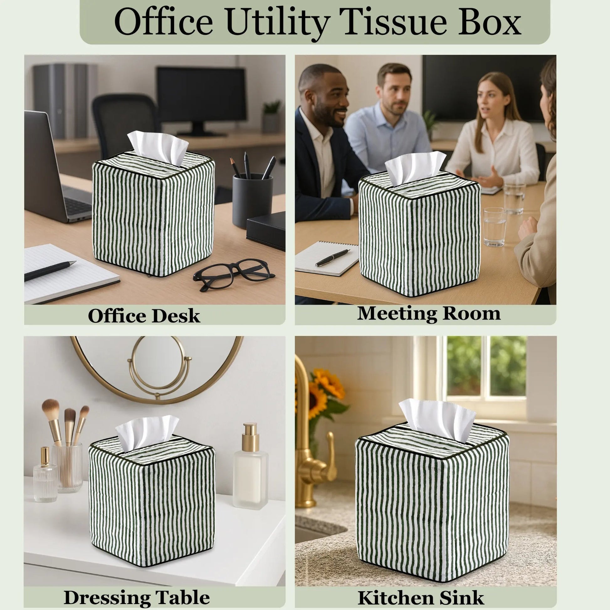 Black and white striped tissue box used in various settings including an office desk, meeting room, dressing table, and kitchen sink.