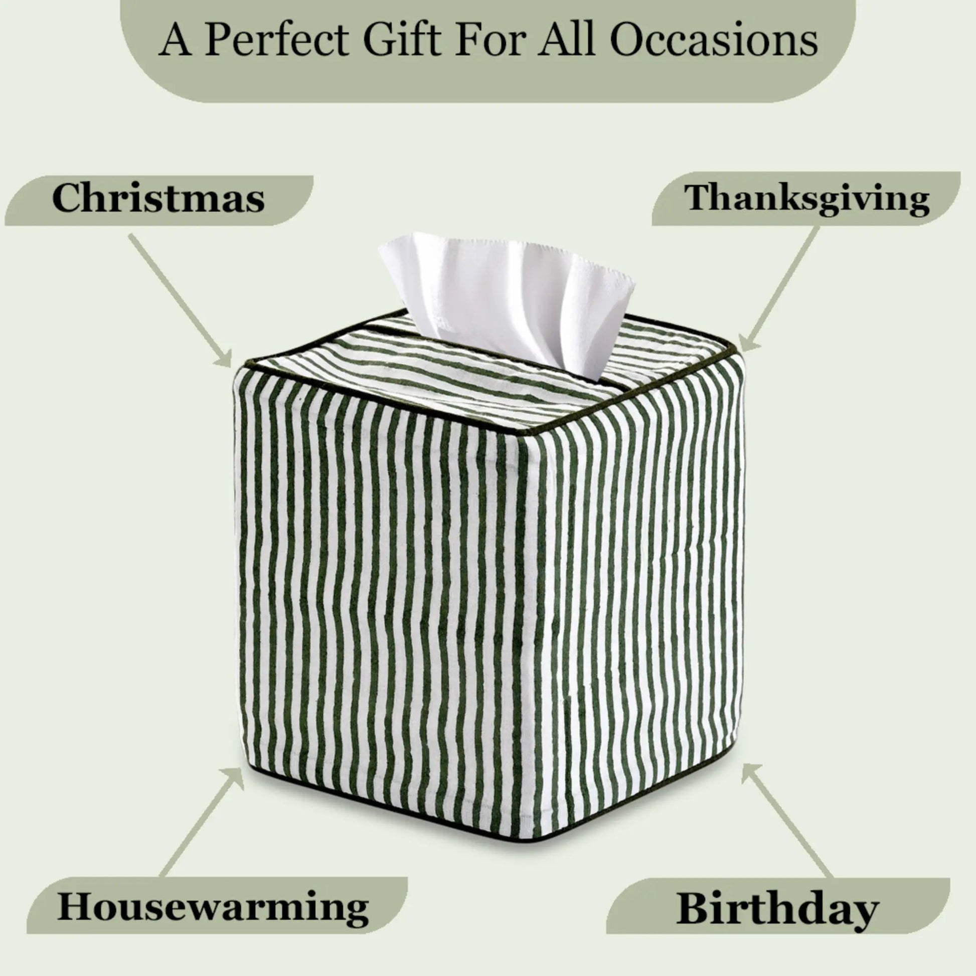 Striped tissue box with tissues on a light green background, labeled for various occasions.