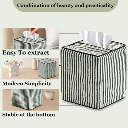 Striped tissue box cover with text highlighting features on a light background