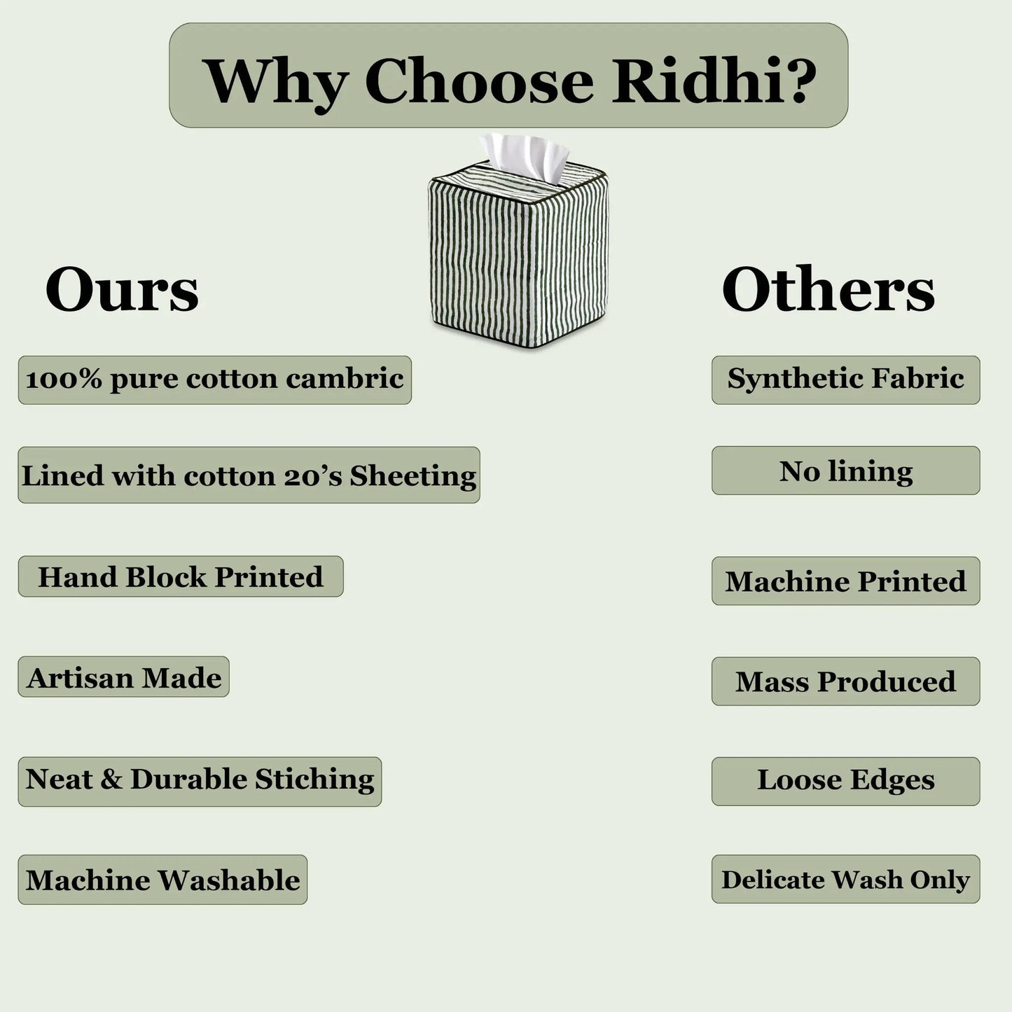 Comparison chart of 's products versus others, highlighting features like material, lining, printing, and washing.