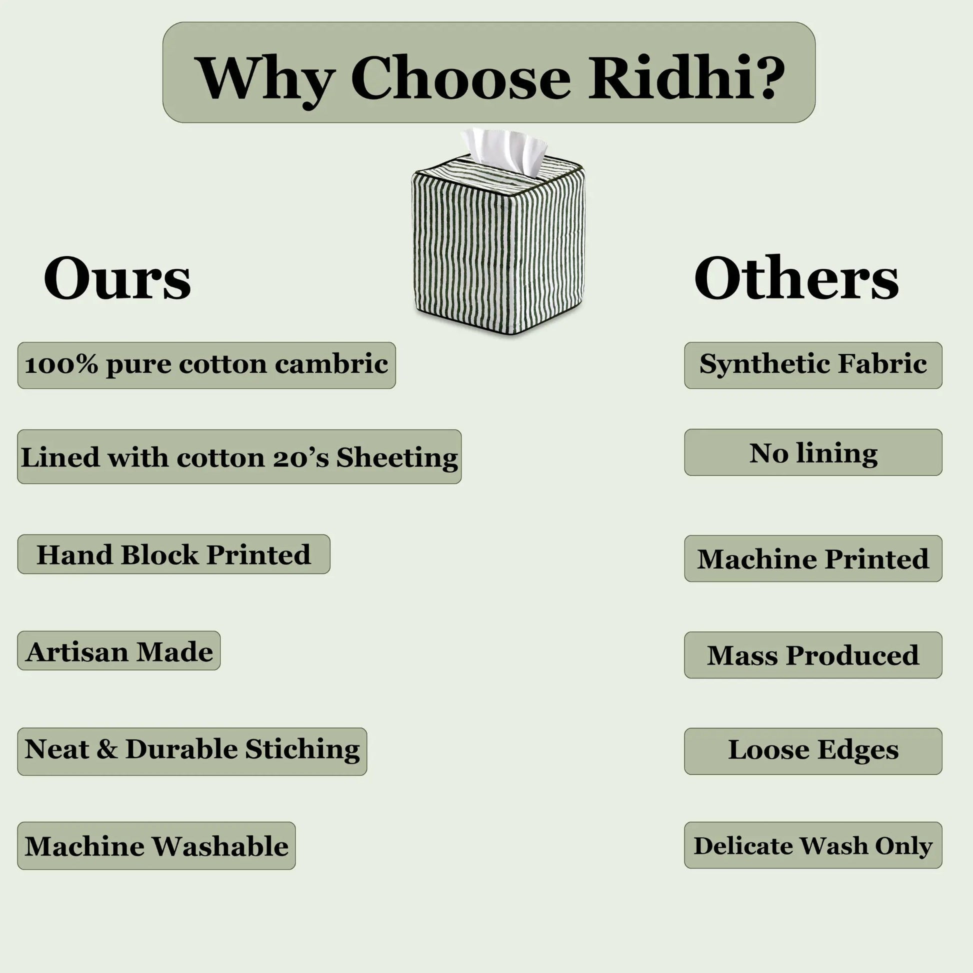Comparison chart of 's products versus others, highlighting features like material, lining, printing, and washing.