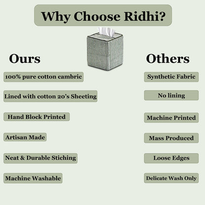 Comparison chart of 's products versus others, highlighting features like material, lining, printing, and washing.