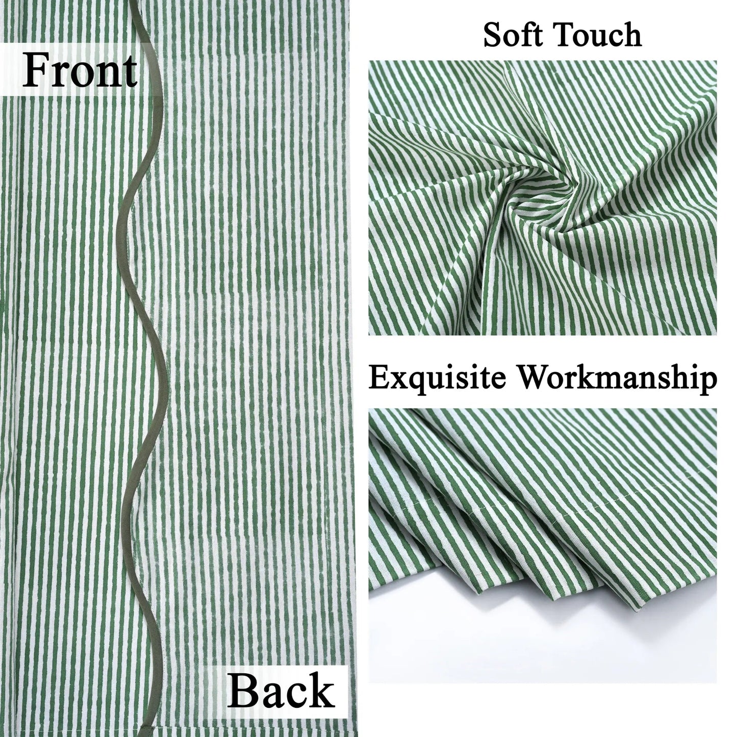 Green and white striped fabric with 'Front', 'Back', 'Soft Touch', and 'Exquisite Workmanship' text.