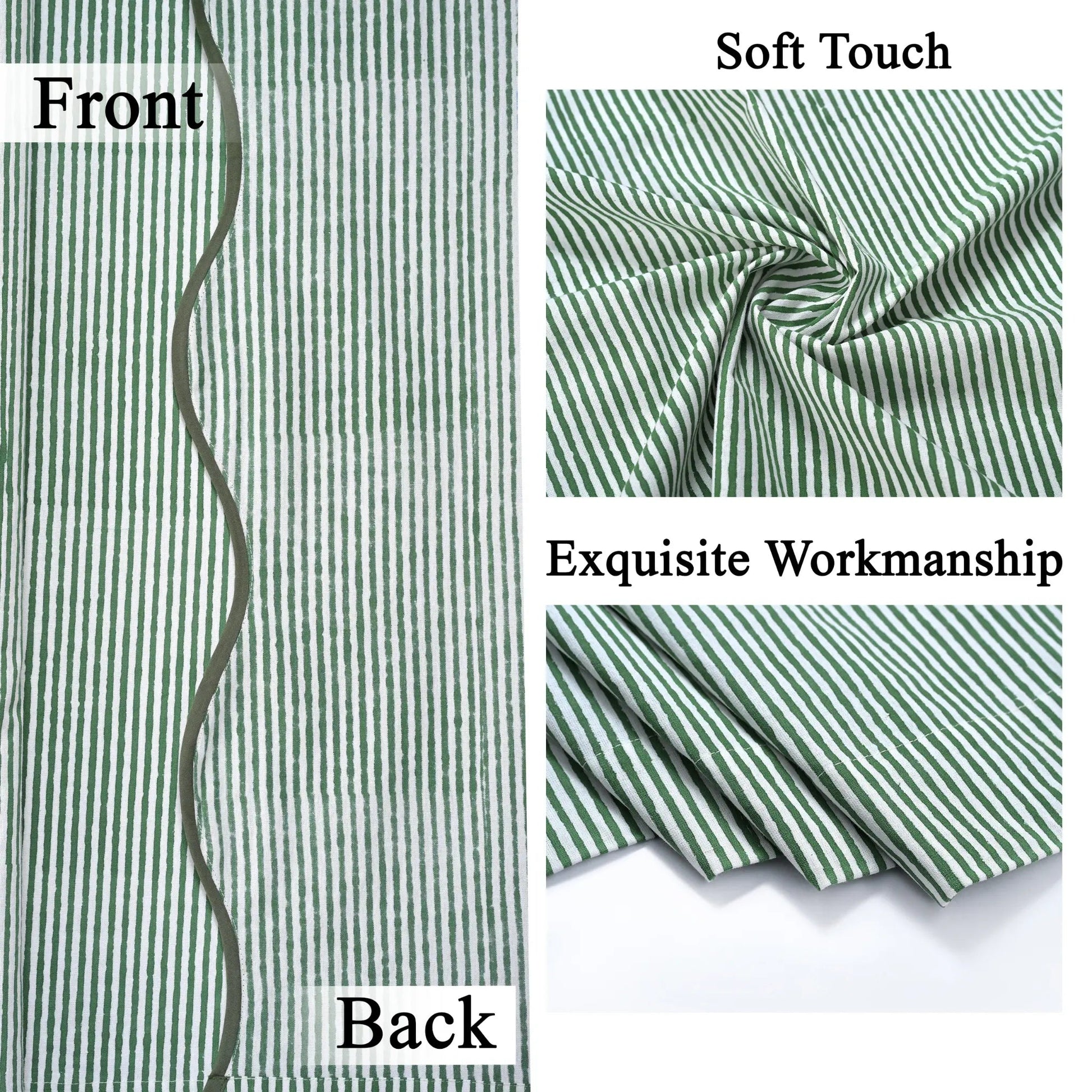 Green and white striped fabric with 'Front', 'Back', 'Soft Touch', and 'Exquisite Workmanship' text.