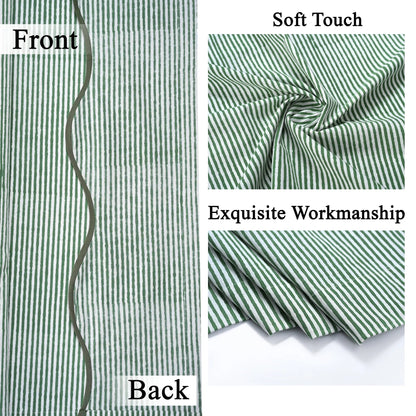 Green and white striped fabric with 'Front', 'Back', 'Soft Touch', and 'Exquisite Workmanship' text.