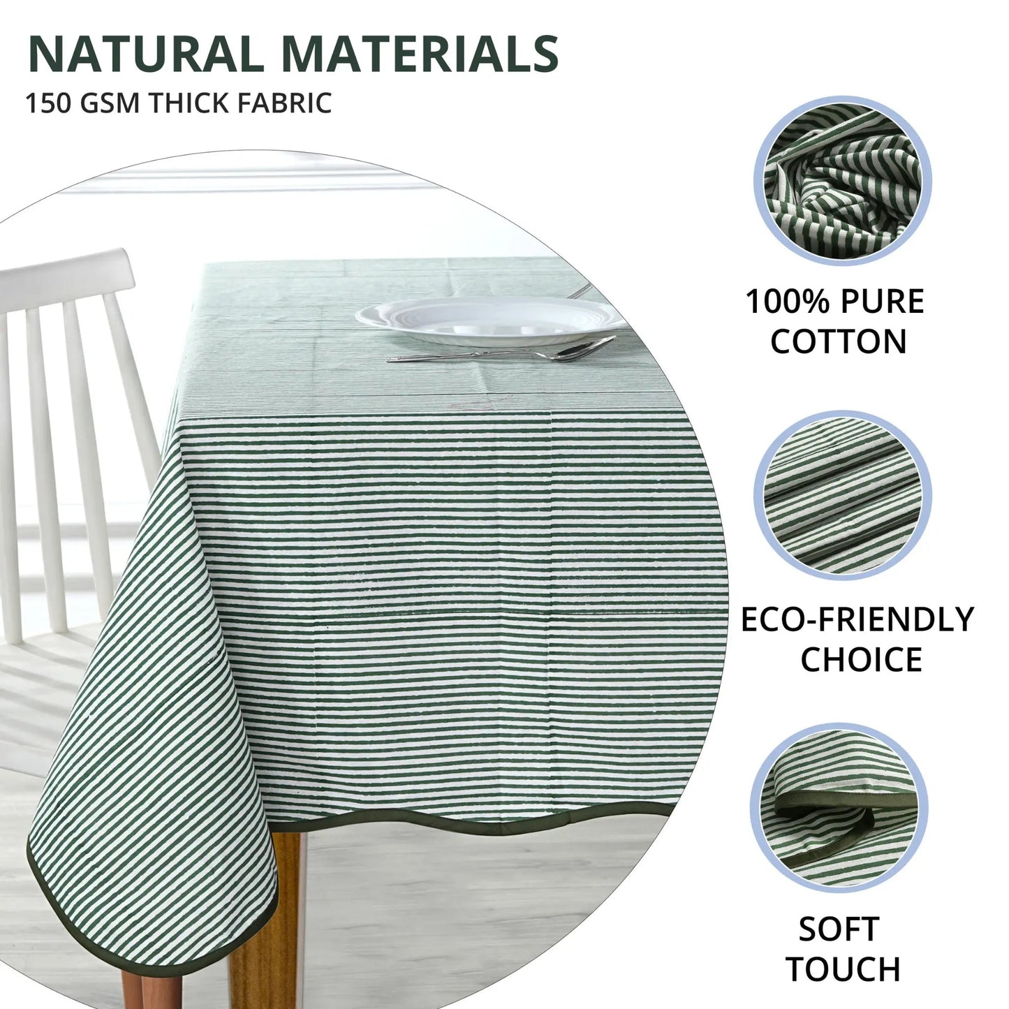 Green striped tablecloth on a table with text highlighting natural materials and features.