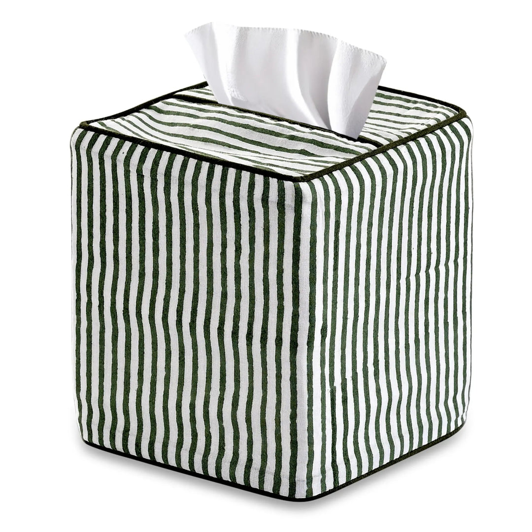 Tissue box cover with green and white stripes on a white background