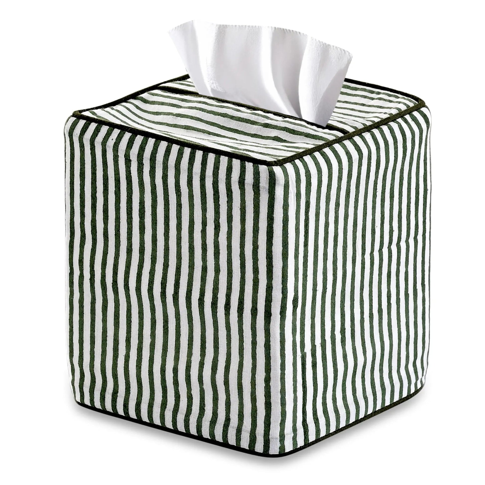 Tissue box cover with green and white stripes on a white background